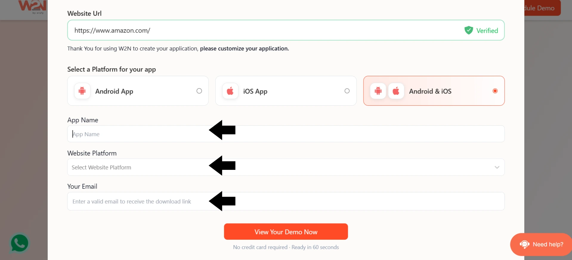 Enter Your App Name, Select Website Platform, Enter Email Address.webp